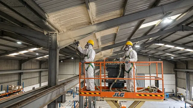 Dos operarios con mono blanco sobre plataforma elevadora aislando la cubierta de una nave industrial