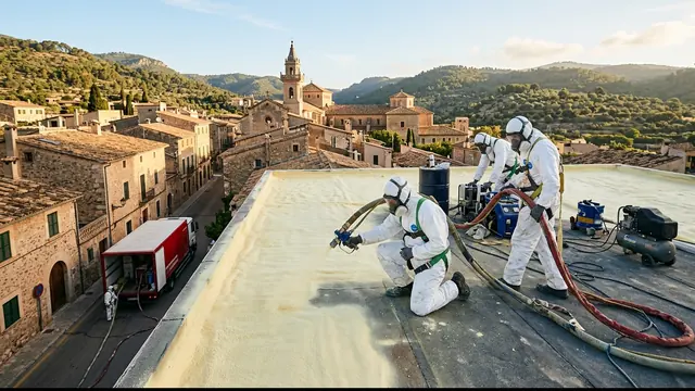Técnicos con equipo de protección proyectando espuma de poliuretano sobre una azotea