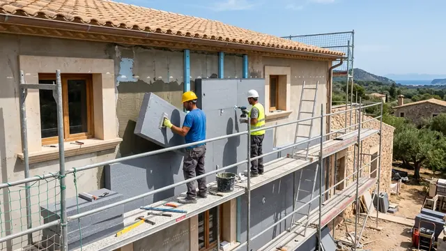 Operarios fijando paneles aislantes en la fachada de una vivienda con andamio