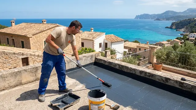 Operario aplicando con rodillo una membrana impermeabilizante sobre una terraza