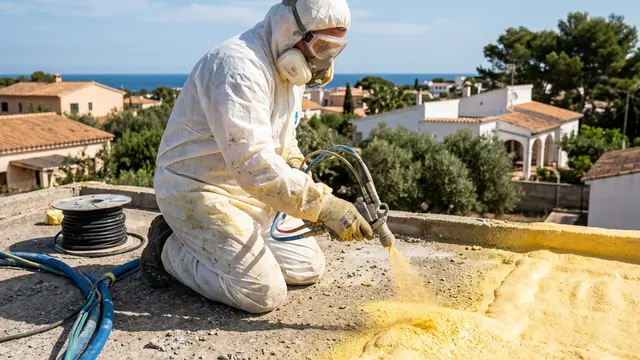Técnico con traje de protección proyectando espuma de poliuretano sobre una cubierta plana